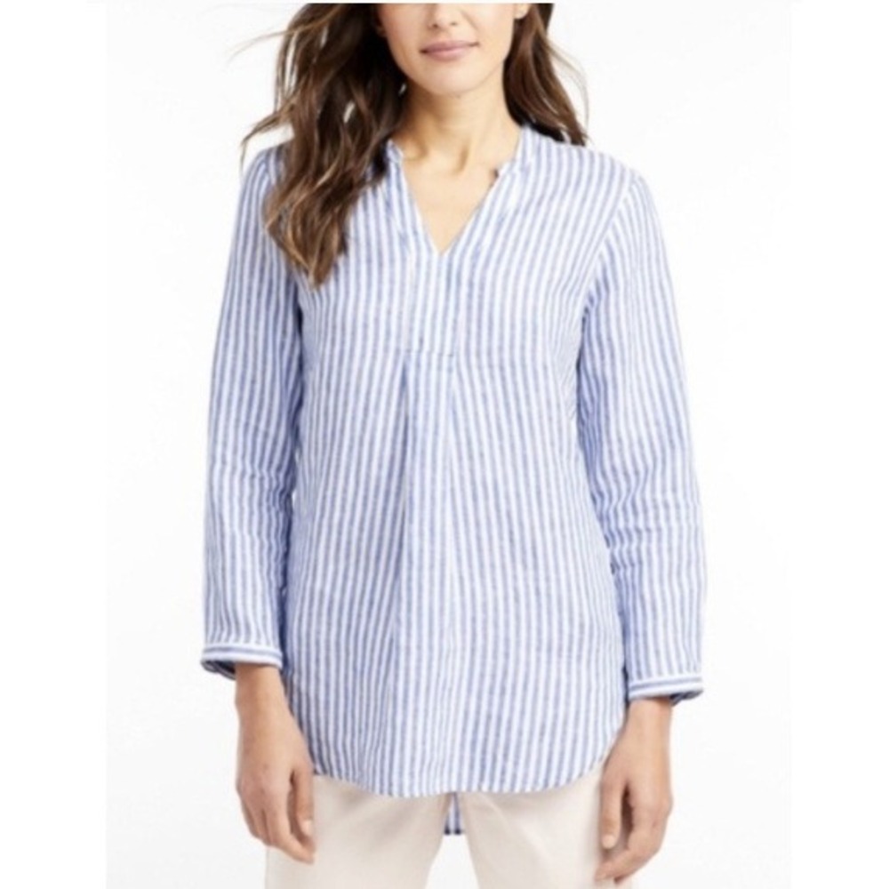 L.L. Bean Striped Pullover 100% Linen Long Sleeve Tunic Coastal Beach Vacation L